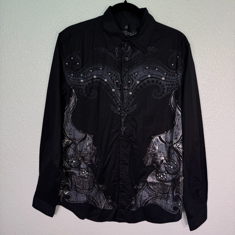 Konquest Shirt Men Medium Y2K Studded Metallic Horse Button Up Grunge Streetwear